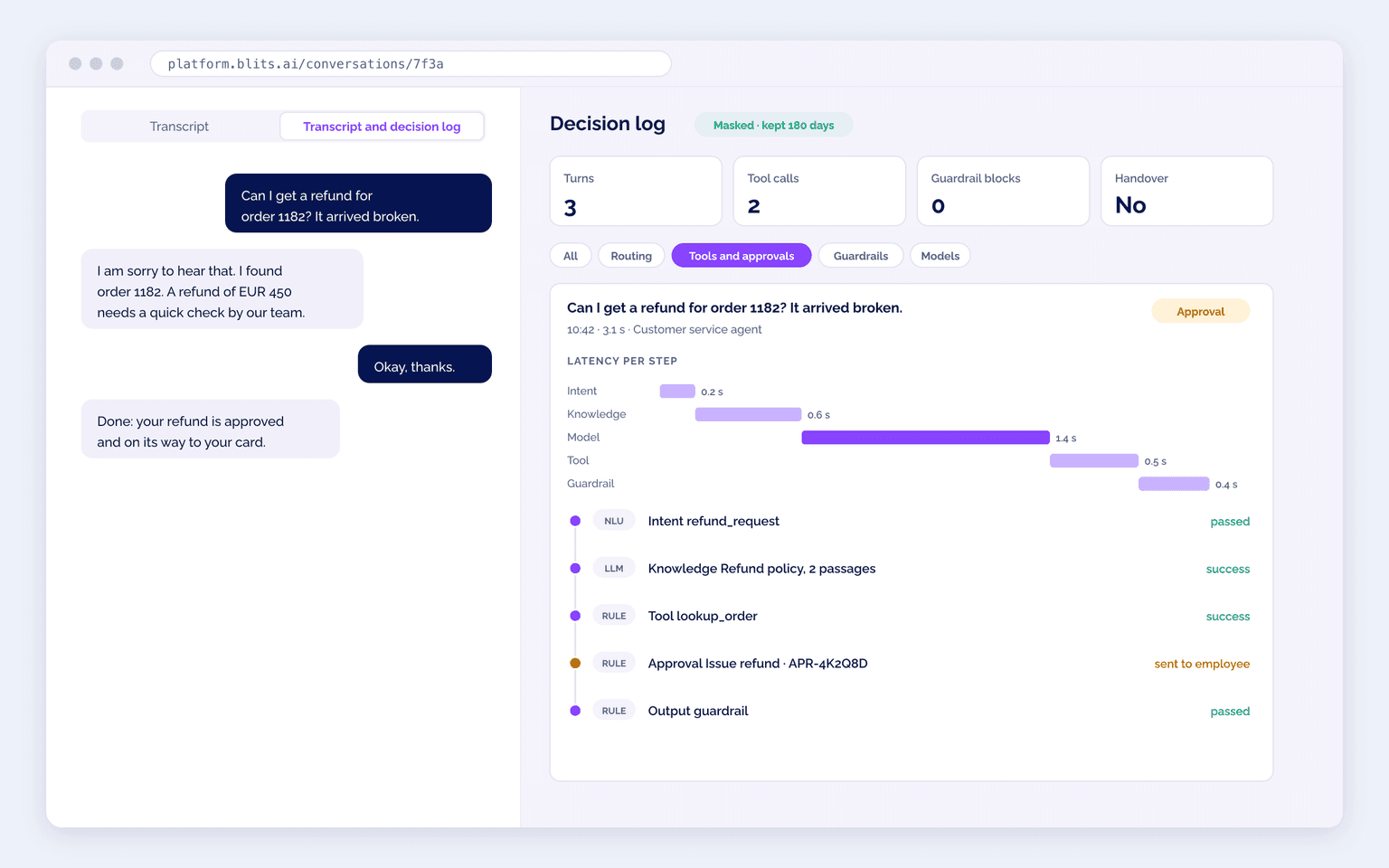 The decision log next to the transcript in the Blits.ai platform