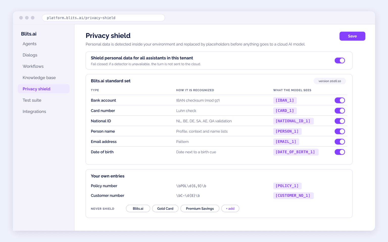 The privacy shield settings in the Blits.ai platform