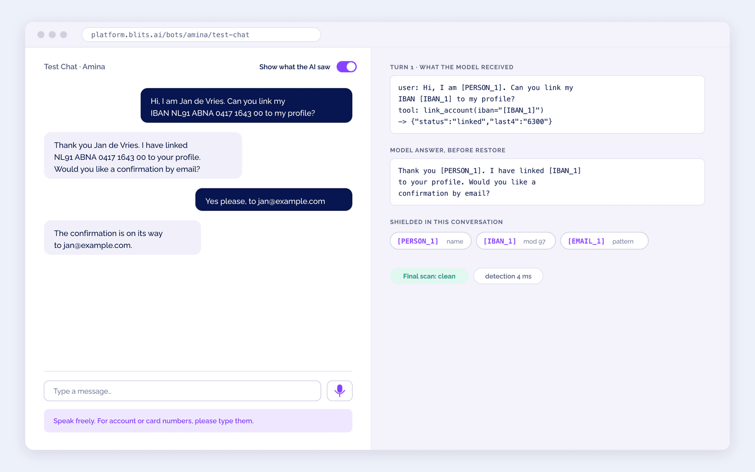 Test Chat in the Blits.ai platform showing what the AI saw